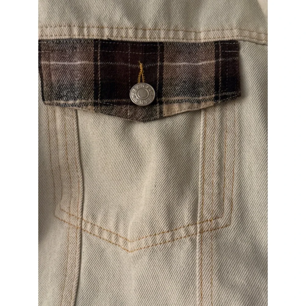 Blue Buttercup Mixed Media Denim Plaid Jacket Cream Brown Hooded J70262 Medium
